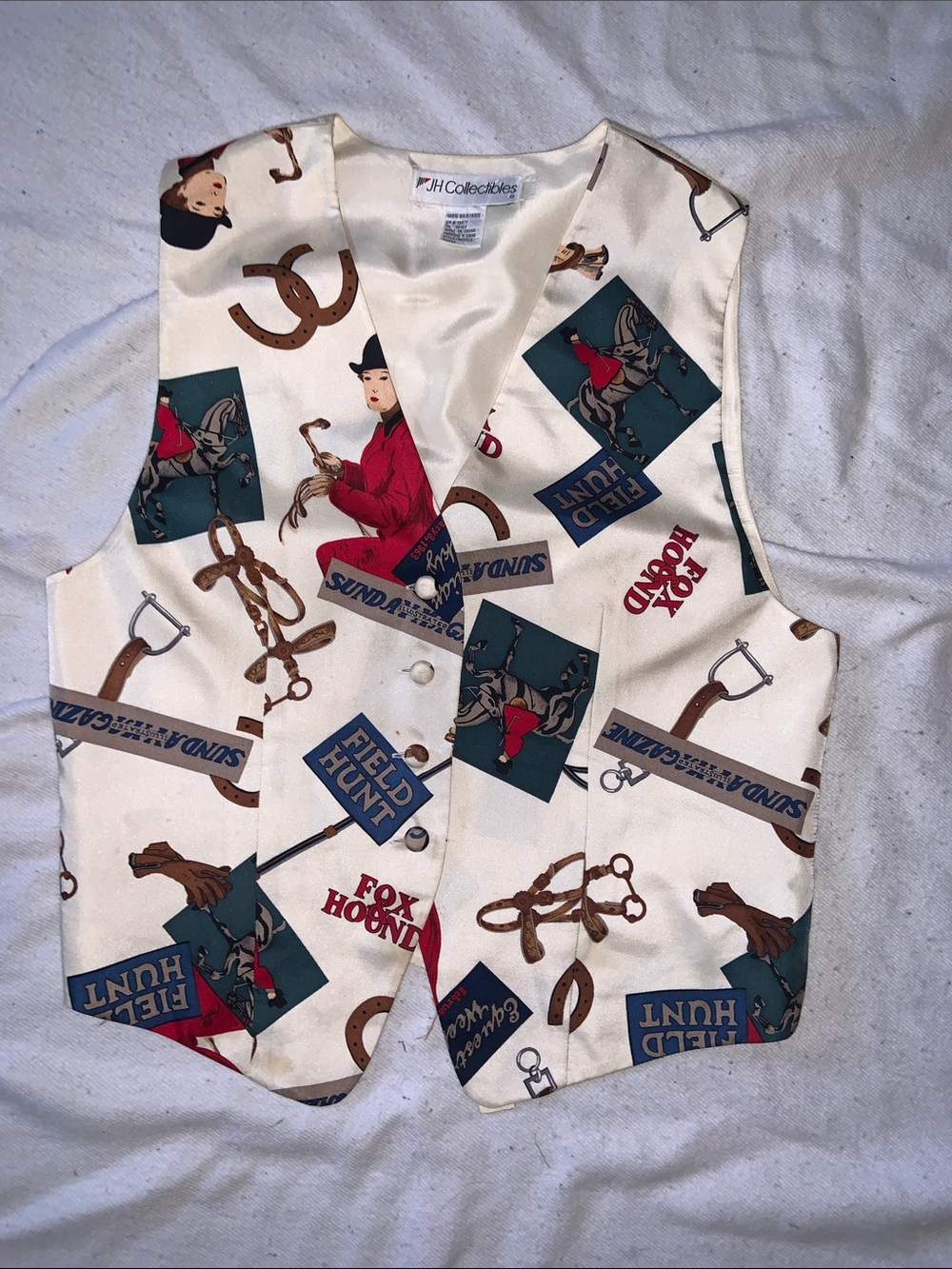 JH Collectibles Cream 100%silk sidesaddle Equestrian Print Vest US 10